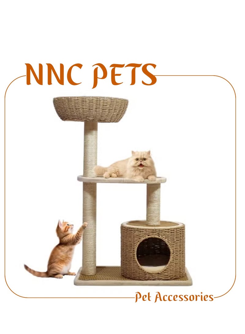 NNC PETS Multi-level cat tree for Indoor cats & kittens, Modern cat tower with Handwoven seagrass basket perch, Cozy Condo, and Sisal Scratching Posts, Easy to assemble, 95 cm (Beige) - Image 1