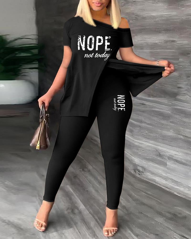 2026 Autumn European and American Women's Fashion Two-Piece Set with Slanted Neckline and Printed Pants
