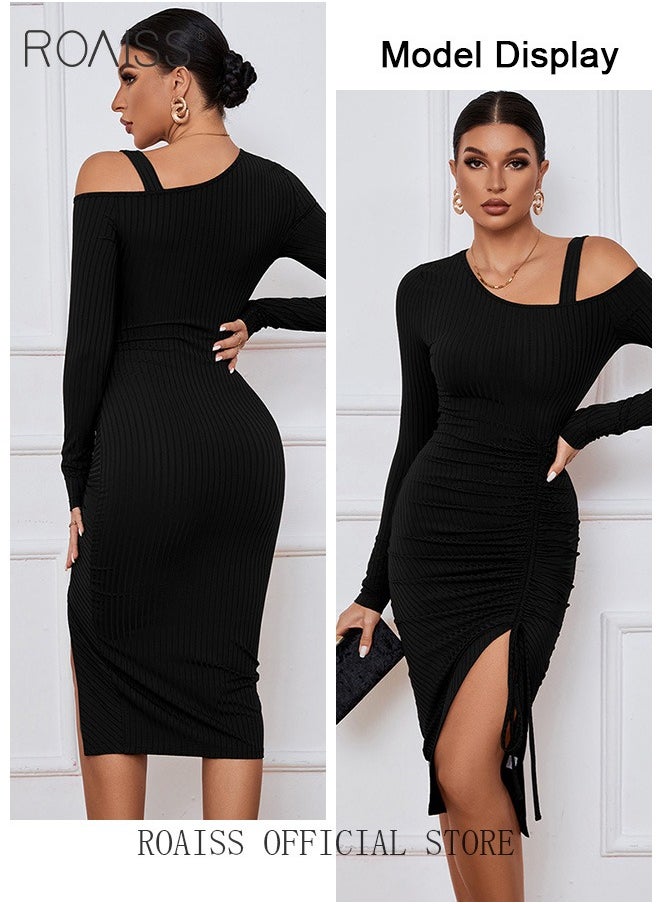 roaiss Women Evening Party Dress Off Shoulder Strap Design and High Side Slit Detail on the Hemfor a Stylish and Elegant Look Waist Cinching Design to Highlight Body Curves Women Mid Length Dress  - Image 4