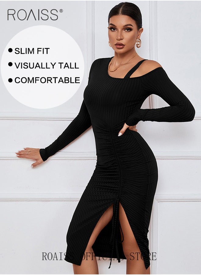 roaiss Women Evening Party Dress Off Shoulder Strap Design and High Side Slit Detail on the Hemfor a Stylish and Elegant Look Waist Cinching Design to Highlight Body Curves Women Mid Length Dress  - Image 5