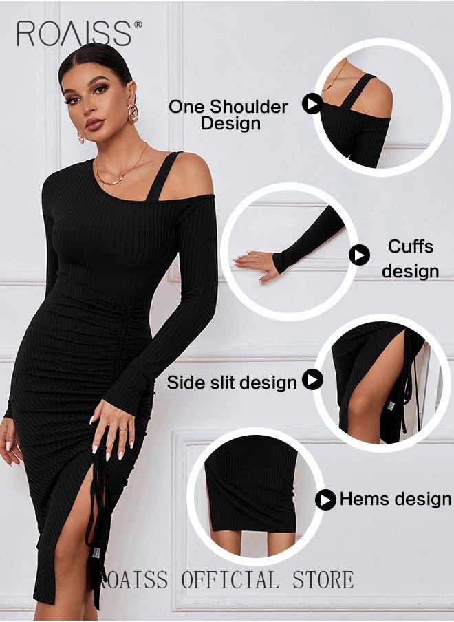 roaiss Women Evening Party Dress Off Shoulder Strap Design and High Side Slit Detail on the Hemfor a Stylish and Elegant Look Waist Cinching Design to Highlight Body Curves Women Mid Length Dress  - Image 2