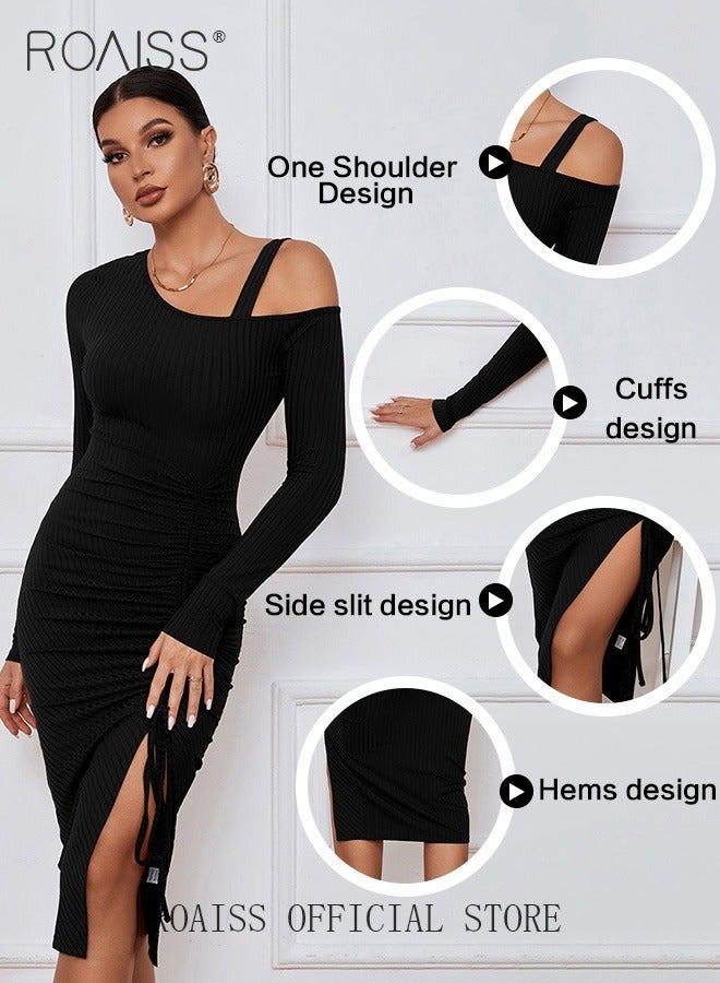 رويس فستان نسائي للحفلات المسائية بتصميم حزام كتف مكشوف وتفاصيل فتحة جانبية عالية على الحاشية للحصول على مظهر أنيق وأنيق وتصميم ضيق للخصر لإبراز منحنيات الجسم فستان نسائي متوسط الطول - Image 3