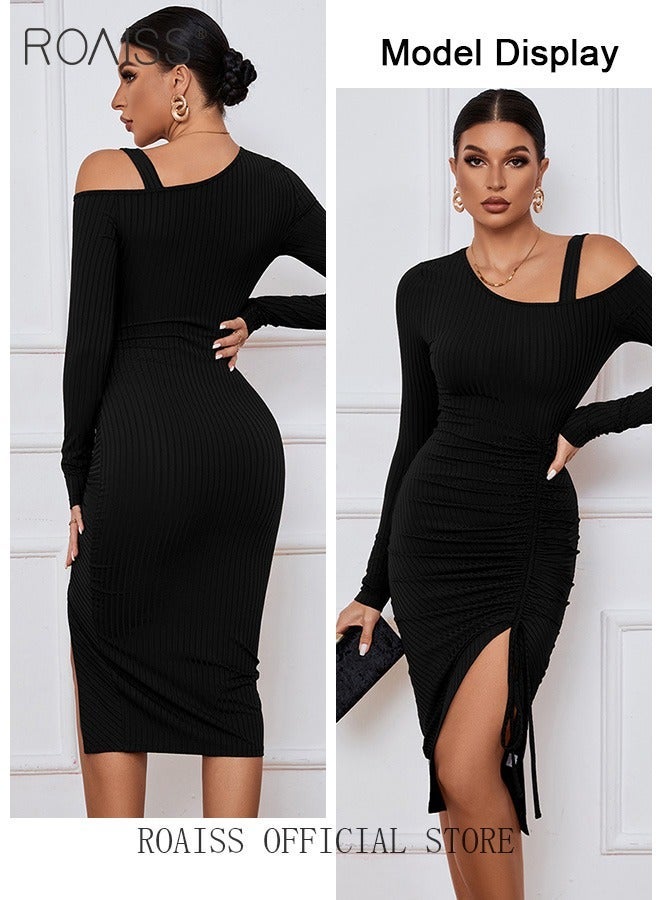 رويس فستان نسائي للحفلات المسائية بتصميم حزام كتف مكشوف وتفاصيل فتحة جانبية عالية على الحاشية للحصول على مظهر أنيق وأنيق وتصميم ضيق للخصر لإبراز منحنيات الجسم فستان نسائي متوسط الطول - Image 5