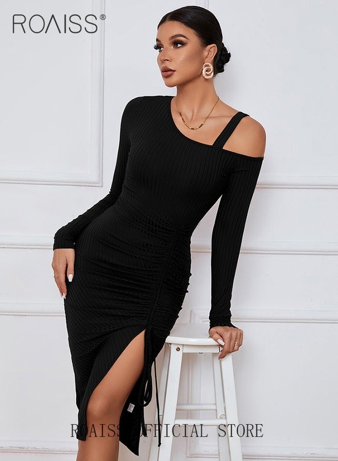 رويس فستان نسائي للحفلات المسائية بتصميم حزام كتف مكشوف وتفاصيل فتحة جانبية عالية على الحاشية للحصول على مظهر أنيق وأنيق وتصميم ضيق للخصر لإبراز منحنيات الجسم فستان نسائي متوسط الطول - Image 2