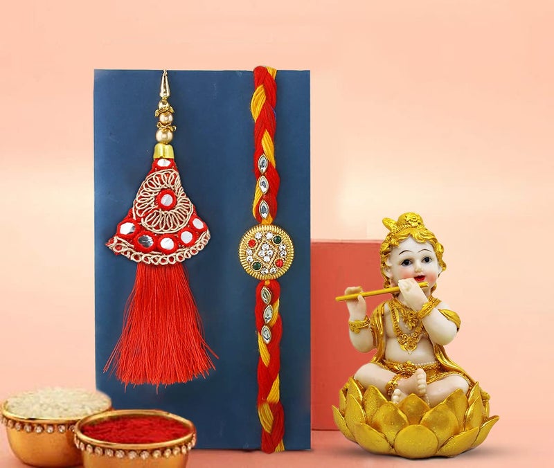 CraftVatika Lumba Rakhi with Laddu Gopal Showpiece Gift Combo Set of 1 for Brother and Bhabhi, Floral Lumba Rakhi Gift for Bhabhi Sister In Law Men Women with Krishna Showpiece, Bhaiya Bhabhi Rakhi Gift - Image 4