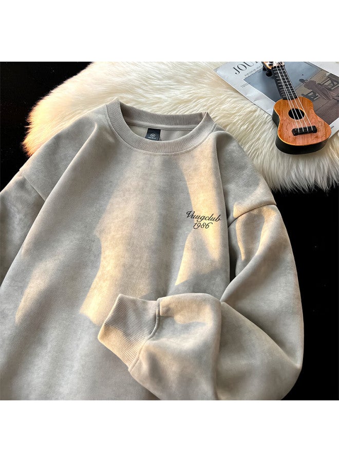 Vuug Dye-washed Round Neck Sweatshirt For Men, Spring And Autumn American Trendy High Street Casual Base Layer, Khaki, 3XL - Image 1