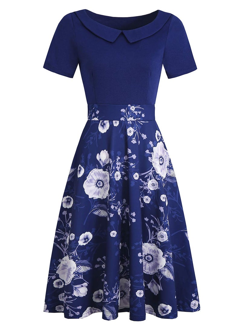 HELYO Rockabilly Dress for Women Elegant Vintage Business Casual Solid Color Work Party A-Line Swing Dress with Pockets 978 (Navy Floral, M) - Image 2