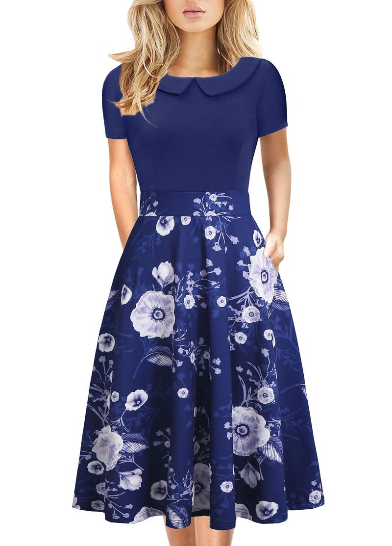HELYO Rockabilly Dress for Women Elegant Vintage Business Casual Solid Color Work Party A-Line Swing Dress with Pockets 978 (Navy Floral, M) - Image 1