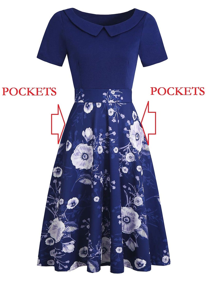 HELYO Rockabilly Dress for Women Elegant Vintage Business Casual Solid Color Work Party A-Line Swing Dress with Pockets 978 (Navy Floral, M) - Image 5