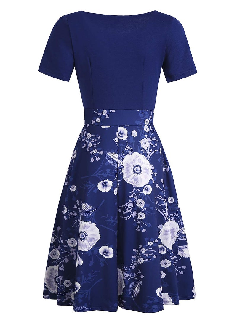 HELYO Rockabilly Dress for Women Elegant Vintage Business Casual Solid Color Work Party A-Line Swing Dress with Pockets 978 (Navy Floral, M) - Image 3