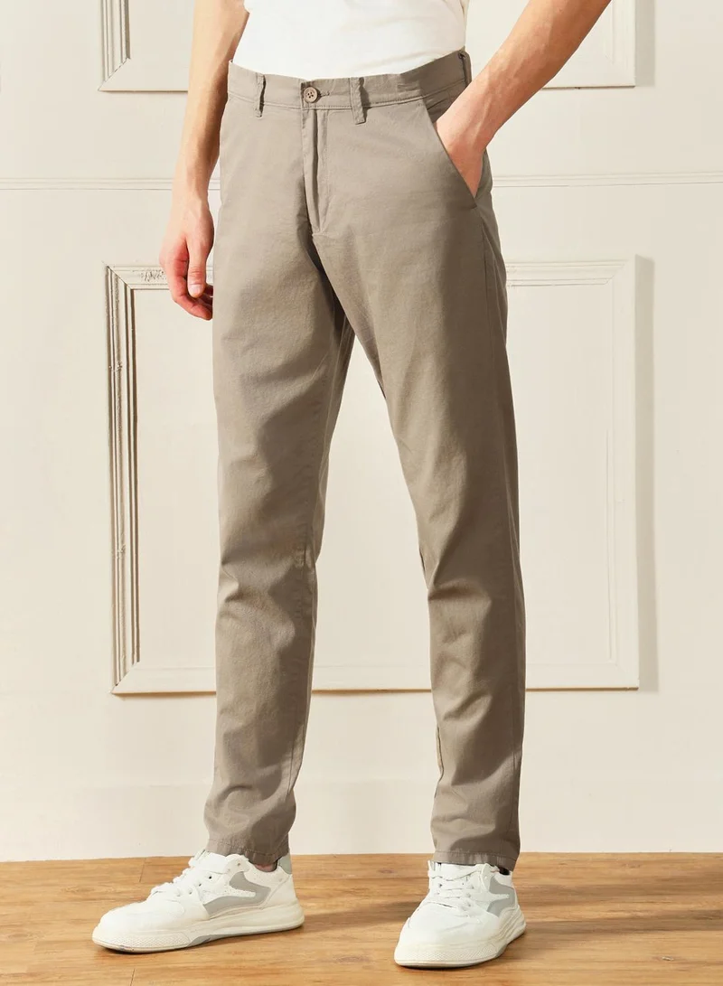 Dennis Lingo  Men'S Mid Khaki 100% Cotton Solid Pattern Full Length Chinos Slim Fit Trouser for Men | Best Price UAE