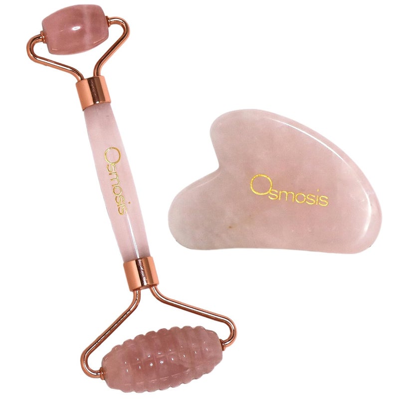 OSMOSIS Rose Quartz Roller and Gua Sha Face Roller for Puffiness and Redness, Facial Skin Massager Tool for Face, Self Care Gift for Men Women