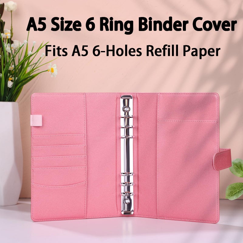 Antner A5 Notebook Binder 6 Ring Refillable Planner Cover for A5 Planner Inserts, PU Leather Loose Leaf Personal Organizer Aesthetic Photocard Holder Budget Binder with Magnetic Buckle, Glitter Pink - Image 2