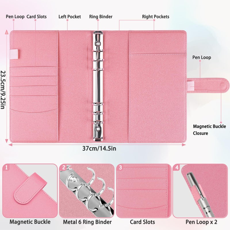 Antner A5 Notebook Binder 6 Ring Refillable Planner Cover for A5 Planner Inserts, PU Leather Loose Leaf Personal Organizer Aesthetic Photocard Holder Budget Binder with Magnetic Buckle, Glitter Pink - Image 3