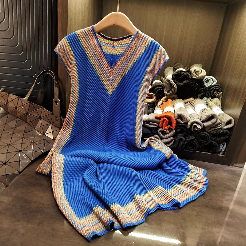Summer Ethnic Dragon Scale Pleated Maxi Dress, V-Neck, Color Block - Image 3