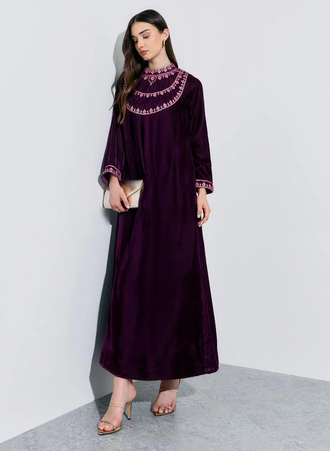 Amirah Purple Velvet Embroidered Long Sleeves Maxi Jalabiya