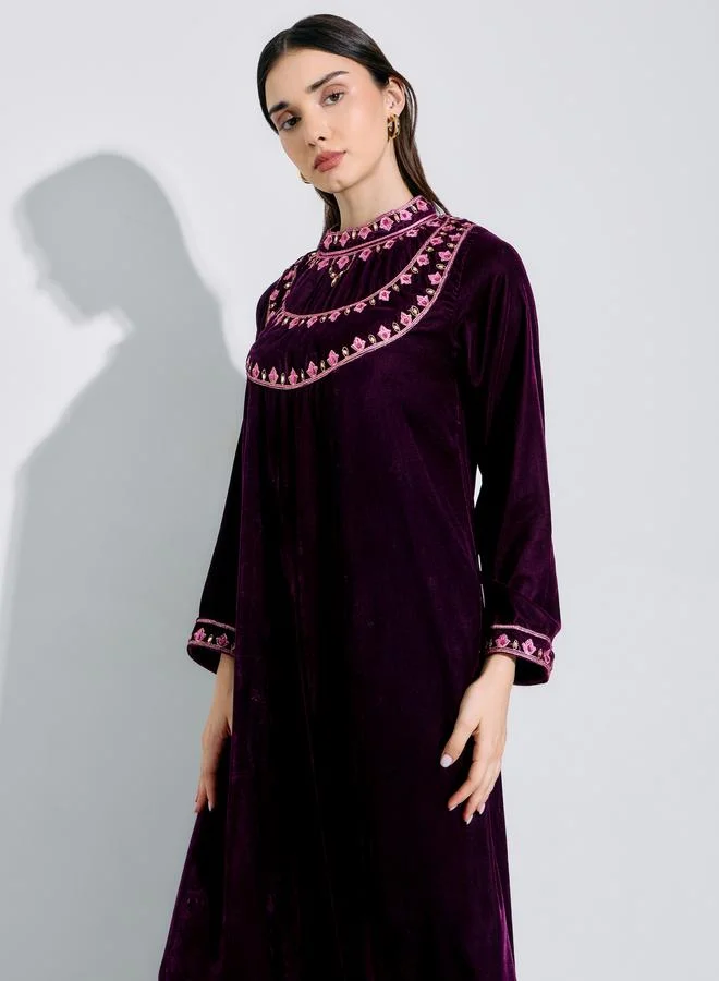 Amirah Purple Velvet Embroidered Long Sleeves Maxi Jalabiya