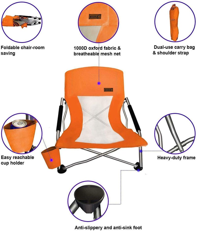 Nice C Chair Beach, Low Beach Chair, Sling, Folding, Portable, Concert, for Adults, Kids, Boat, Sand Chair with Cup Holder & Carry Bag (1 Pack of Orange) - Image 5