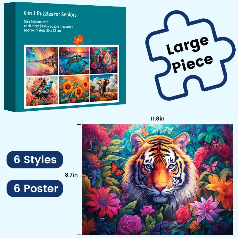WSCXSC 6 Pack 16 Large Piece Puzzles for Seniors Puzzles Dementia Alzheimer's Products and Activities Alzheimer's Puzzle Elderly Adults Cognitive Game Gift for Patients in Nursing Home with 6 Storage Bags - Image 2