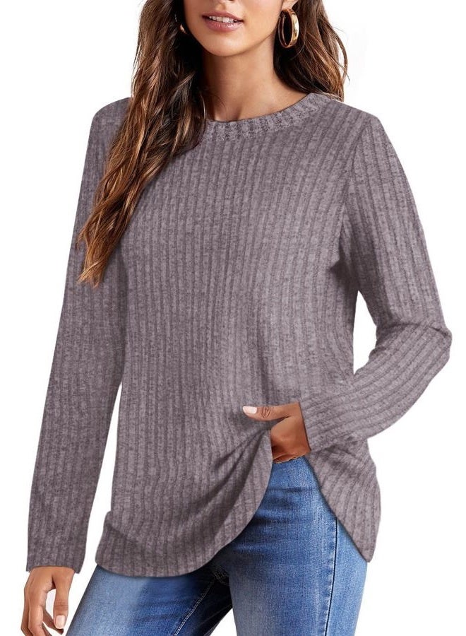 OFEEFAN Long Sleeve Shirts for Women Tunic Thin Sweaters for Women Pink Grey L, 05-pink Grey, L - Image 3