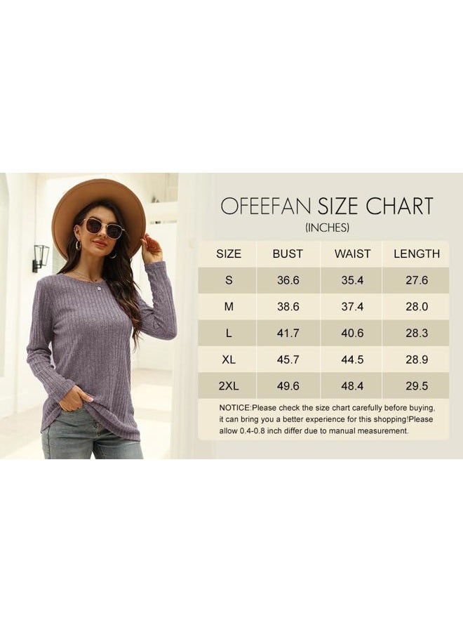 OFEEFAN Long Sleeve Shirts for Women Tunic Thin Sweaters for Women Pink Grey L, 05-pink Grey, L - Image 5