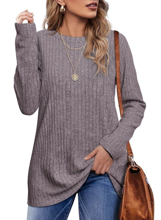 OFEEFAN Long Sleeve Shirts for Women Tunic Thin Sweaters for Women Pink Grey L, 05-pink Grey, L - Image 1