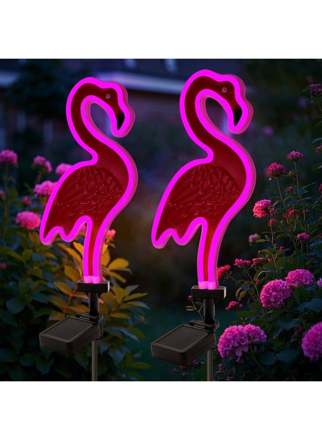 ANGMLN Solar Flamingo Pink Neon Light - Set of 2 Metal Garden Stake Lights 42 inch Path Lighting for Christmas Yard Lawn Patio Walkway Decor - Image 1