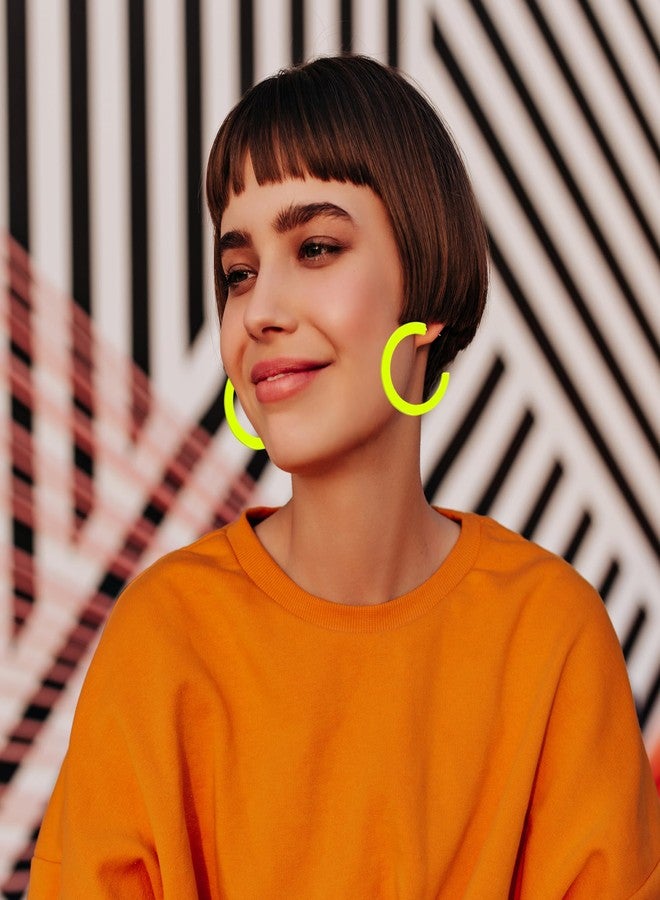 Skyfun 1 Pairs 80s 90s Neon Earrings for Women Retro Hoop Earring Candy Color Lightweight Acrylic Stud Earrings for 80S Costume Outfits Dancing Glow Party Accessories, Neon Yellow - Image 4