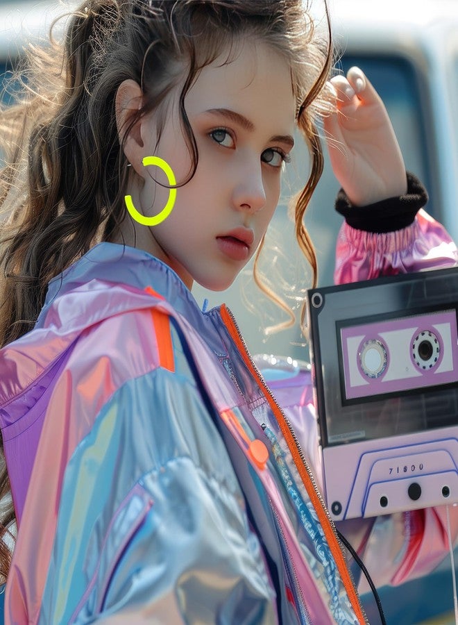 Skyfun 1 Pairs 80s 90s Neon Earrings for Women Retro Hoop Earring Candy Color Lightweight Acrylic Stud Earrings for 80S Costume Outfits Dancing Glow Party Accessories, Neon Yellow - Image 5