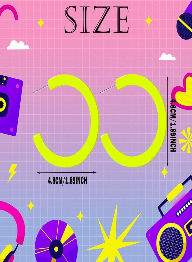 Skyfun 1 Pairs 80s 90s Neon Earrings for Women Retro Hoop Earring Candy Color Lightweight Acrylic Stud Earrings for 80S Costume Outfits Dancing Glow Party Accessories, Neon Yellow - Image 2