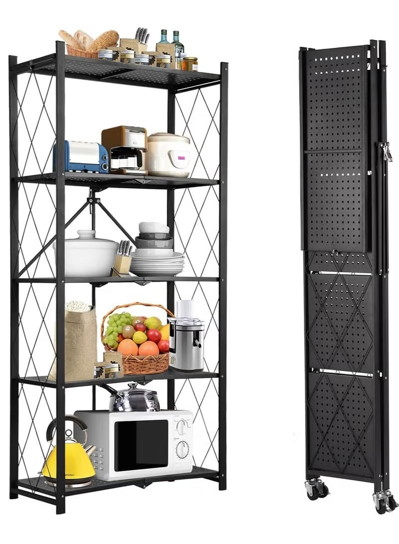 Nadrab Five layer foldable storage rack, heavy-duty storage rack, installation free, steel storage rack, large capacity, black hollow rack - Image 1