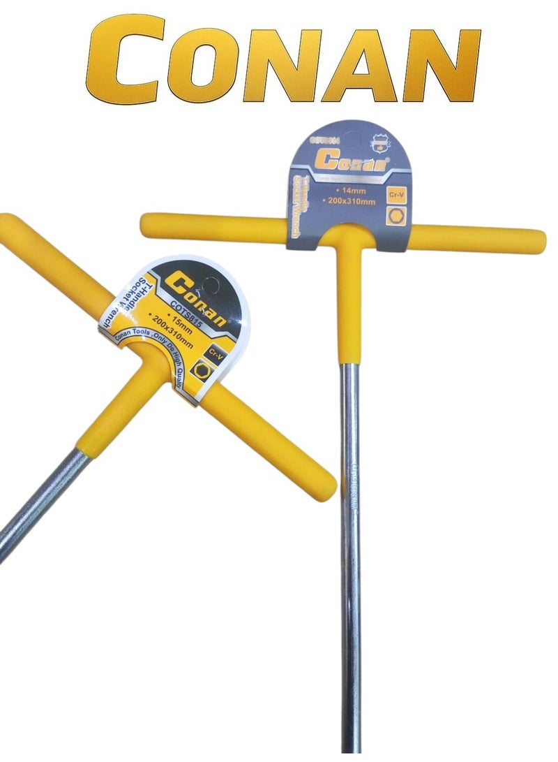 CONAN T-Handle Socket Wrench Set 2pcs 14mm & 15mm – Models COTS814 / COTS815 – Cr-V Steel, 200×310mm for Wheel Nuts & Industrial Maintenance - Image 2