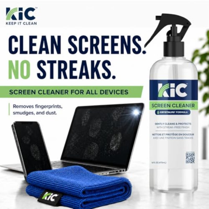 KIC> CrystalVu Screen Cleaner Spray Kit with Microfiber Cleaning Cloth Streak-Free for TV, Phone, Laptop, Monitor and Tablet NSF Certified Safe Formula 1 Reusable Microfiber Towel - 16oz - Image 3