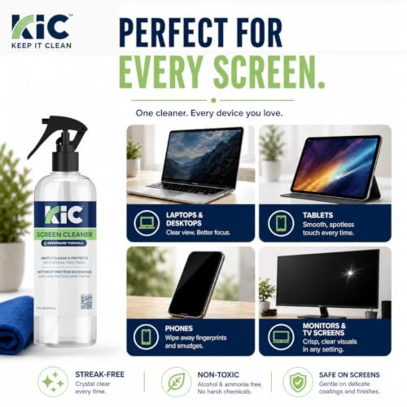 KIC> CrystalVu Screen Cleaner Spray Kit with Microfiber Cleaning Cloth Streak-Free for TV, Phone, Laptop, Monitor and Tablet NSF Certified Safe Formula 1 Reusable Microfiber Towel - 16oz - Image 4