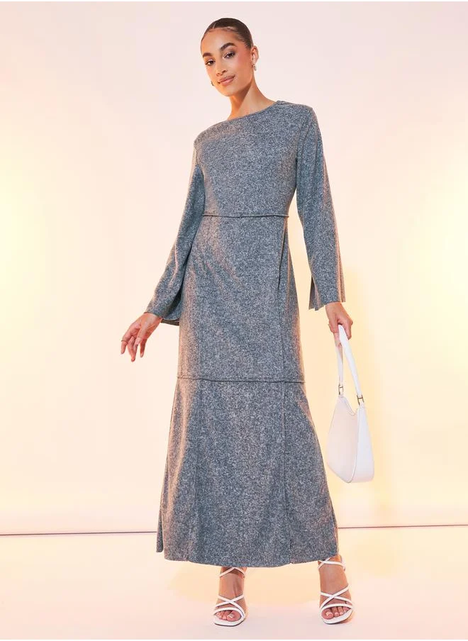 Styli Solid Round Neck Long Sleeve Maxi Dress