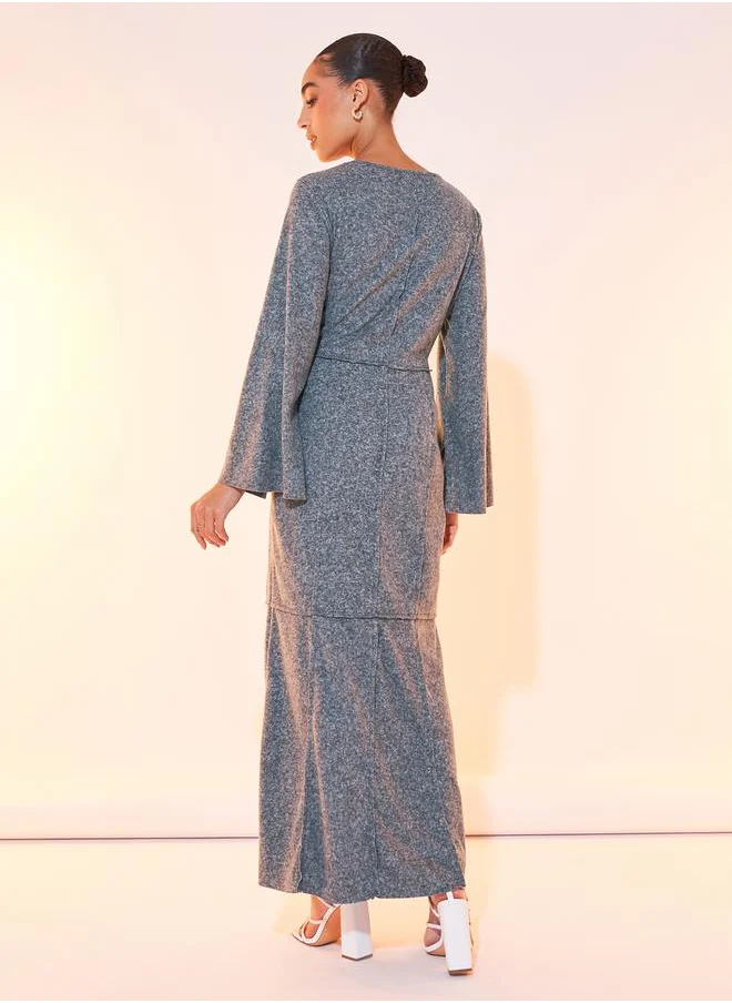 Styli Solid Round Neck Long Sleeve Maxi Dress
