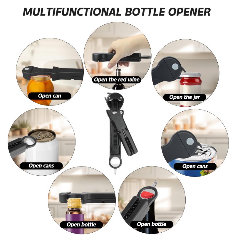 Banyaa 7 in 1 Jar Opener Bottle Opener and Wine Opener for Seniors with Arthritis, Weak Hands, Multi Retractable Magnetic Can Opener, Original Kitchen Lid Opener Tool (Black) - Image 2