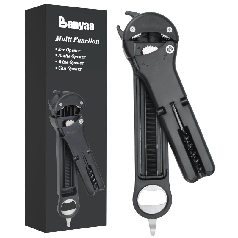 Banyaa 7 in 1 Jar Opener Bottle Opener and Wine Opener for Seniors with Arthritis, Weak Hands, Multi Retractable Magnetic Can Opener, Original Kitchen Lid Opener Tool (Black) - Image 1