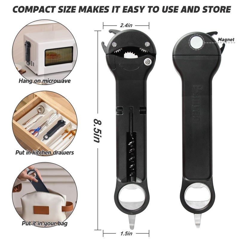 Banyaa 7 in 1 Jar Opener Bottle Opener and Wine Opener for Seniors with Arthritis, Weak Hands, Multi Retractable Magnetic Can Opener, Original Kitchen Lid Opener Tool (Black) - Image 5