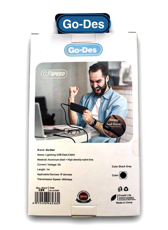 GO-DES - Go-Des Lightning Superfast Charging Data cable & Upto 480 Mbps Transfer Speed With 3A Output Nylon Braided 1Meter Black - Image 1