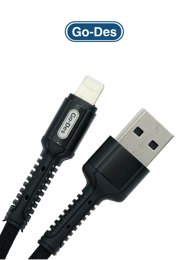 GO-DES - Go-Des Lightning Superfast Charging Data cable & Upto 480 Mbps Transfer Speed With 3A Output Nylon Braided 1Meter Black - Image 1