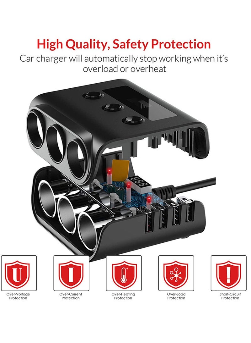 3 Socket Car Cigarette Lighter Adapter, 12V/24V 100W Car Cigarette Lighter Splitter 3.1A 4 USB Port Car Charger with Separate Switch and LED Voltage Display for Mobile Phone