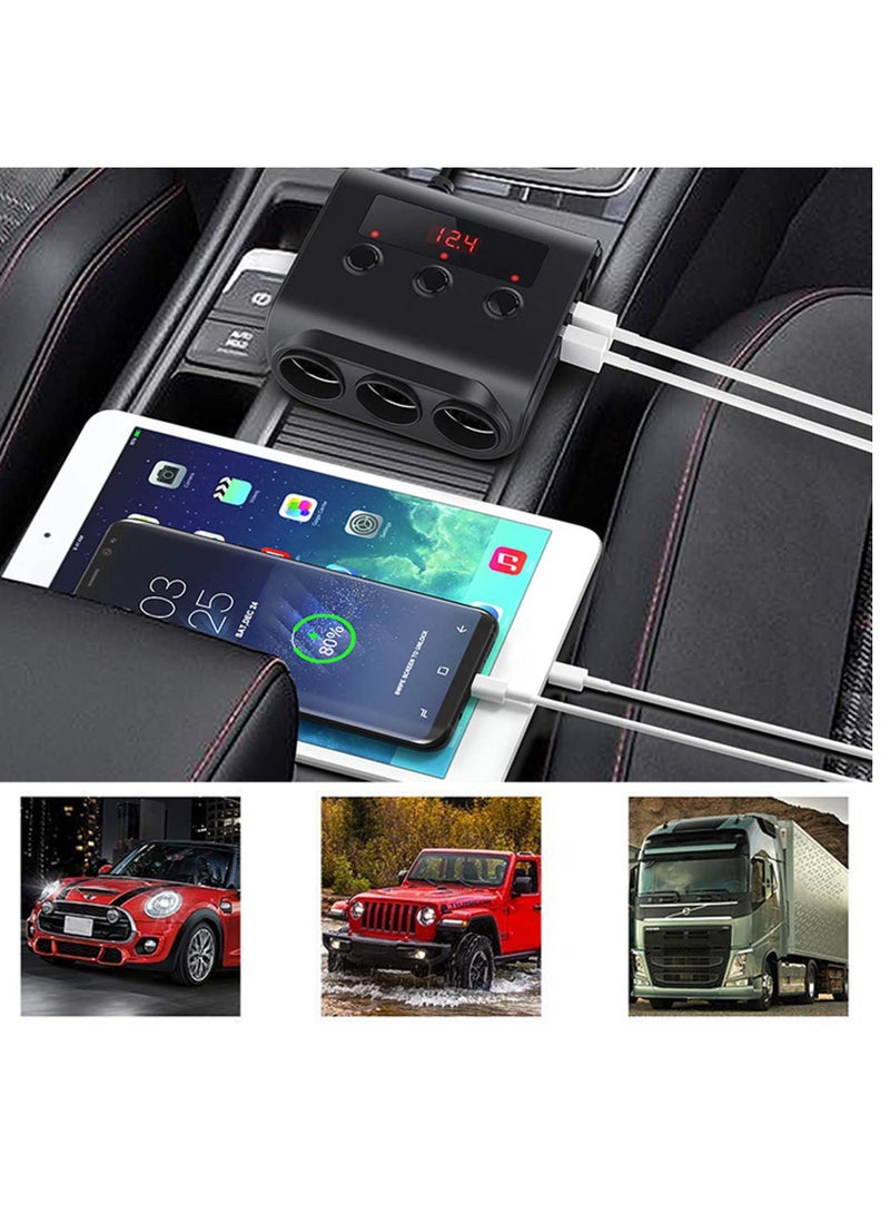 3 Socket Car Cigarette Lighter Adapter, 12V/24V 100W Car Cigarette Lighter Splitter 3.1A 4 USB Port Car Charger with Separate Switch and LED Voltage Display for Mobile Phone