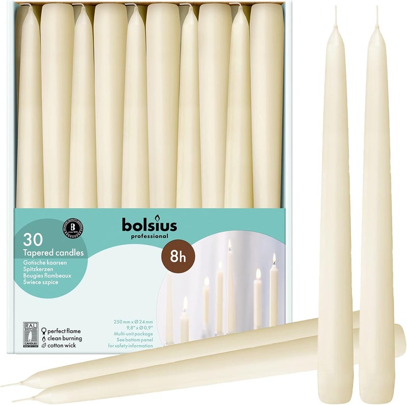 BOLSIUS 30 Count Household Ivory Taper Candles 10 Inches Premium European Quality 8 Burn Hours Bulk Pack Unscented Dripless and Smokeless Home Dcor Restaurant Wedding Party Candlesticks - Image 1