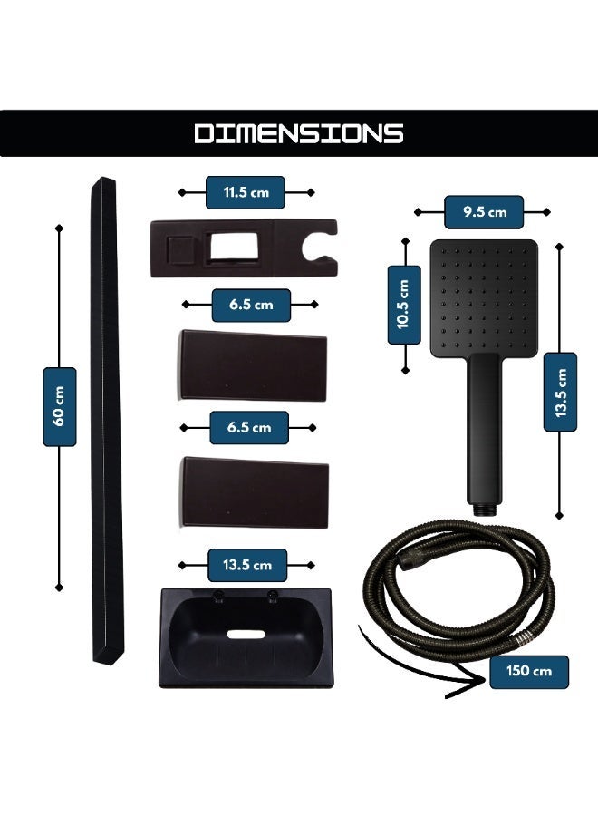 Kana Matte Black Square Handheld Shower Set with Adjustable Sliding Rail & Integrated Soap Dish – Premium Stainless Steel Hose (150cm) - Image 5