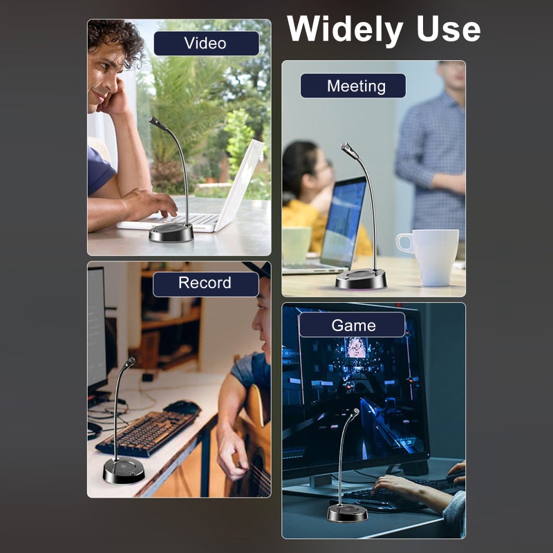 صدى ميكروفون مكتبي USB: التقاط شامل 360 درجة، خرطوم معدني مقاوم للضوضاء مع زر ضبط لسطح المكتب للميكروفون مخصص للألعاب والمؤتمرات والبث المباشر - ميكروفون USB يعمل بالتوصيل والتشغيل، أسود، 3.5 ملم - Image 3