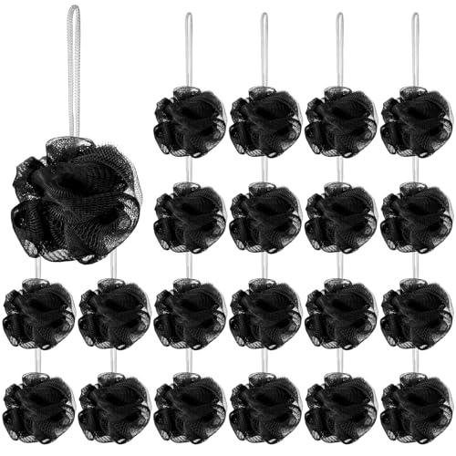 Shellwei 24 Pcs 3 Inch Mini Loofah Travel Size Bulk Shower Sponge Pouf Mesh for Women Kids Men Exfoliating Body Scrubber Baby Shower FavorBlack - Image 1