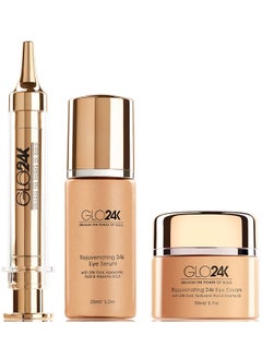 GLO24K UNLEASH THE POWER OF GOLD GLO24K UNLEASH THE POWER OF GOLD Complete Eye Care Set with our 24k Instant Facelift Cream Eye Treatment Cream and Eye Serum Skin Serum Formulated to Treat the Delicate Skin around the Eyes 