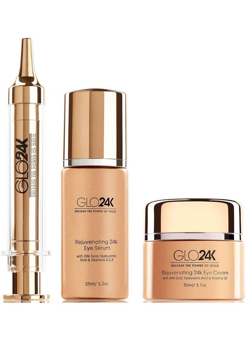 GLO24K UNLEASH THE POWER OF GOLD GLO24K UNLEASH THE POWER OF GOLD Complete Eye Care Set with our 24k Instant Facelift Cream Eye Treatment Cream and Eye Serum Skin Serum Formulated to Treat the Delicate Skin around the Eyes 