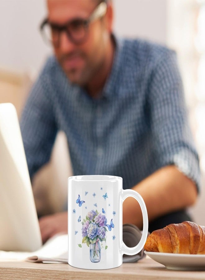 CFGBFDGH Hydrangea Flower Coffee Mug, Christmas Birthday gifts Floral Tea Mug for Home Office, Novelty Coffee Mugs Butterfly Appreciation Gifts for Women Men Friends, Microwave Safe, 11oz White Ceramic Cup - Image 5